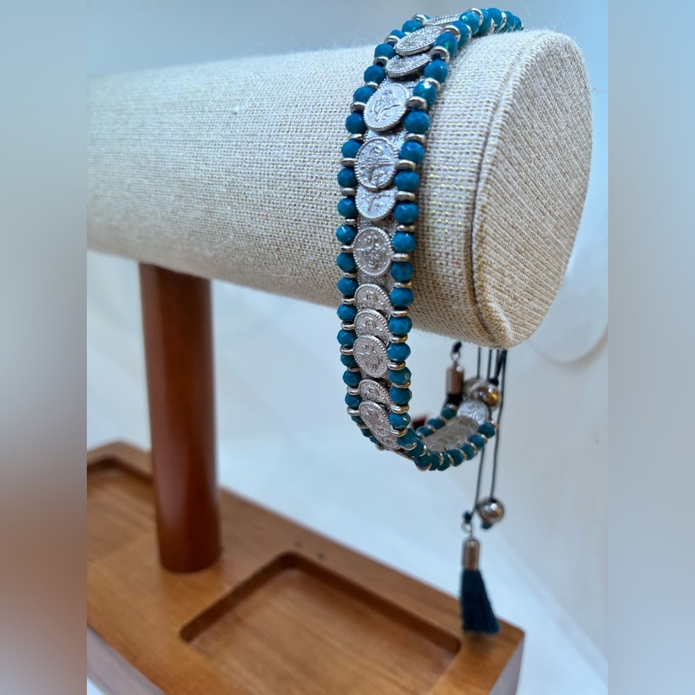 Shiny Tiny Deep Blue Natural Mineral Stones and Miniature Coin Bracelet